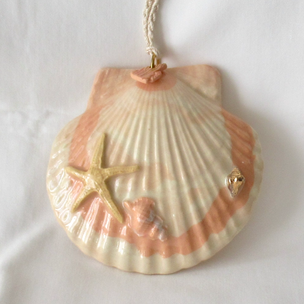 Handmade Seashell Apricot Colored Porcelain Hanging Ornament. Ceramic Pottery.