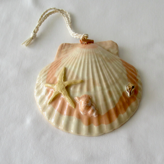 Handmade Seashell Apricot Colored Porcelain Hanging Ornament. Ceramic Pottery.