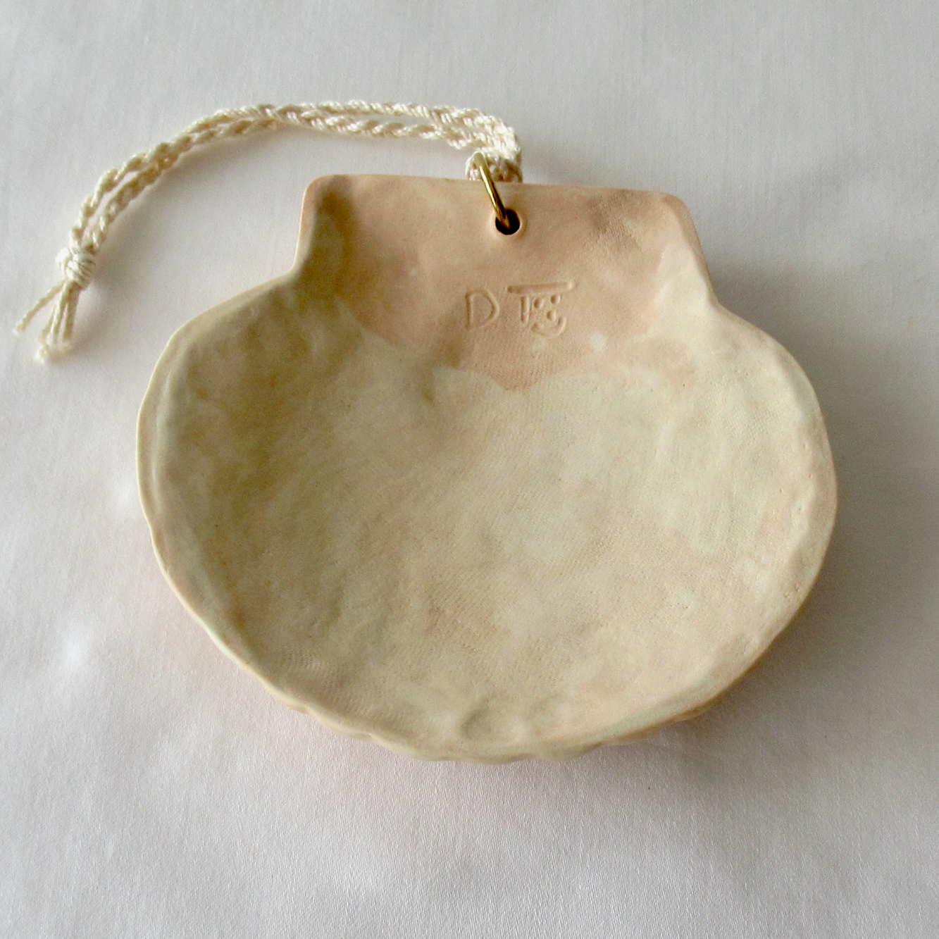 Handmade Seashell Apricot Colored Porcelain Hanging Ornament. Ceramic Pottery.