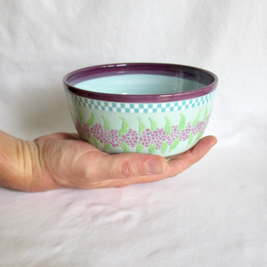 A Hand Drawn and Glazed Turquoise Porcelain American Beautyberry Bowl