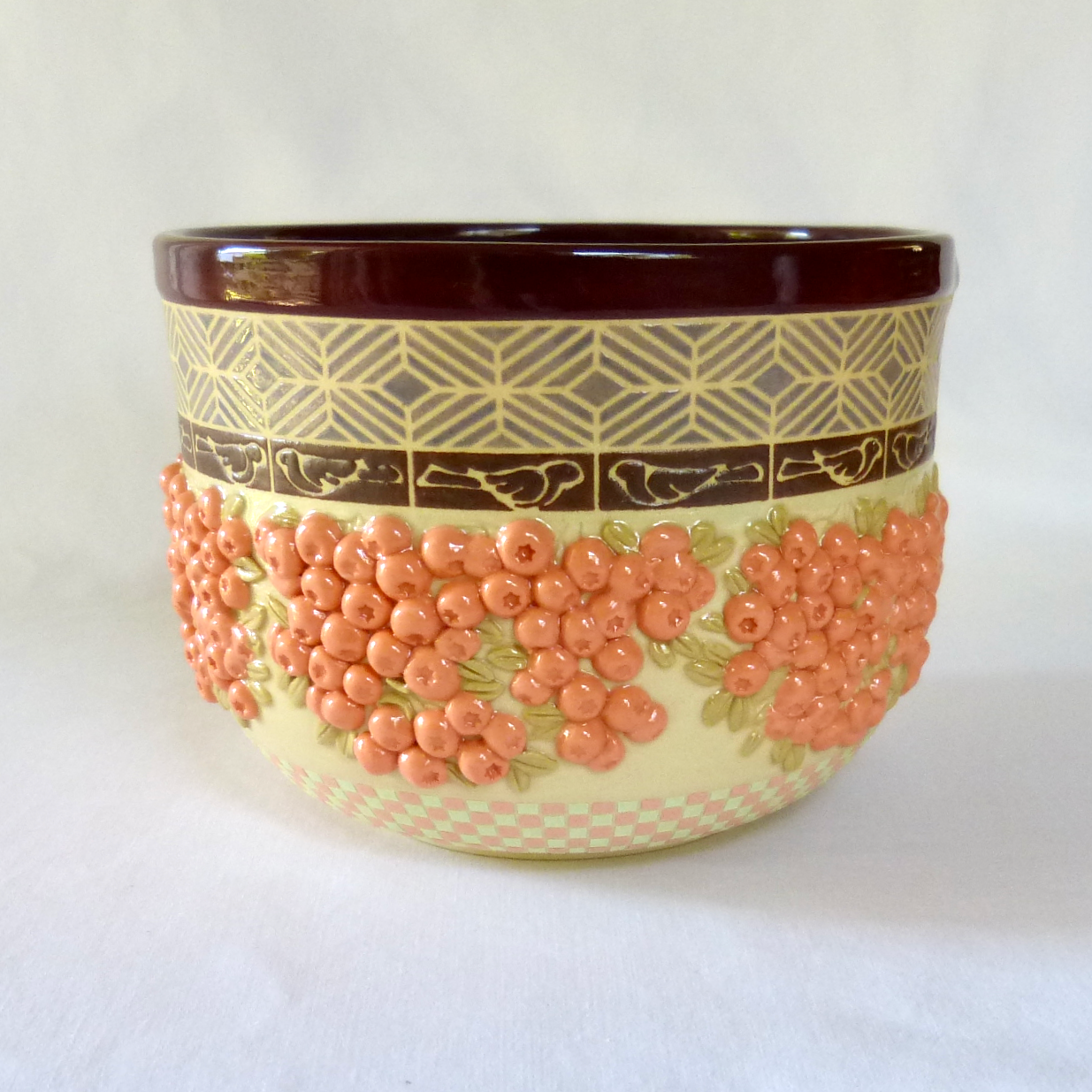 A Bird's Delight. Firethorn Berries and Birds Cylindrical Bowl