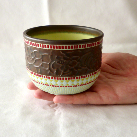 A Black Walnut Slip Trailed, Anomala Peony Cylindrical Bowl