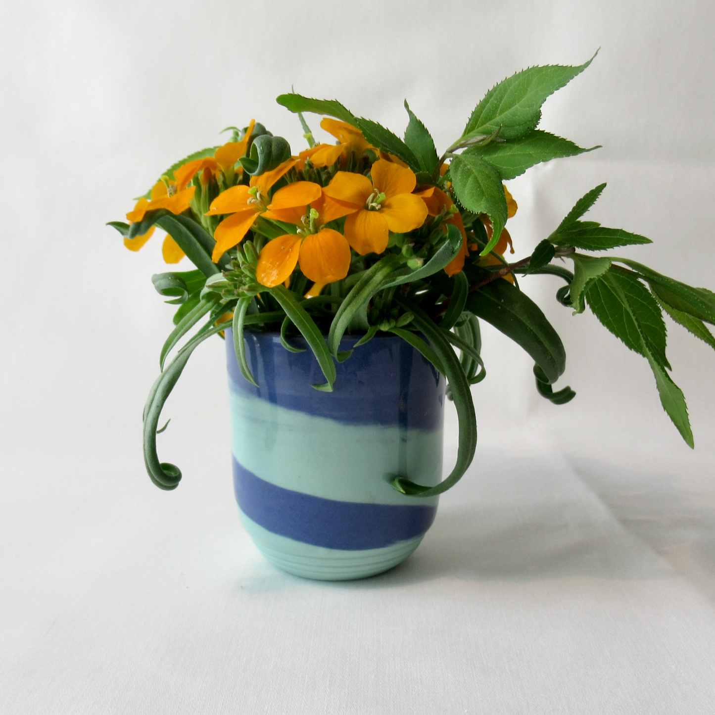 Wheel-thrown Ceramic Dark Blue and Aqua Colored Porcelain Very Small Swirled Neriage Bud Bouquet Vase