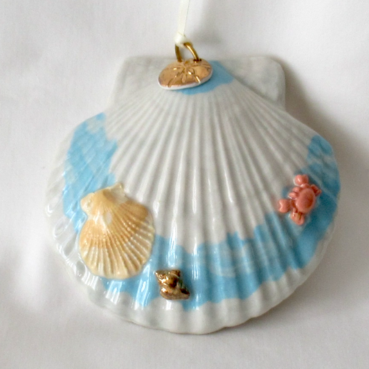Handmade Seashell Blue and White Colored Porcelain Hanging Ornament. Ceramic Pottery.