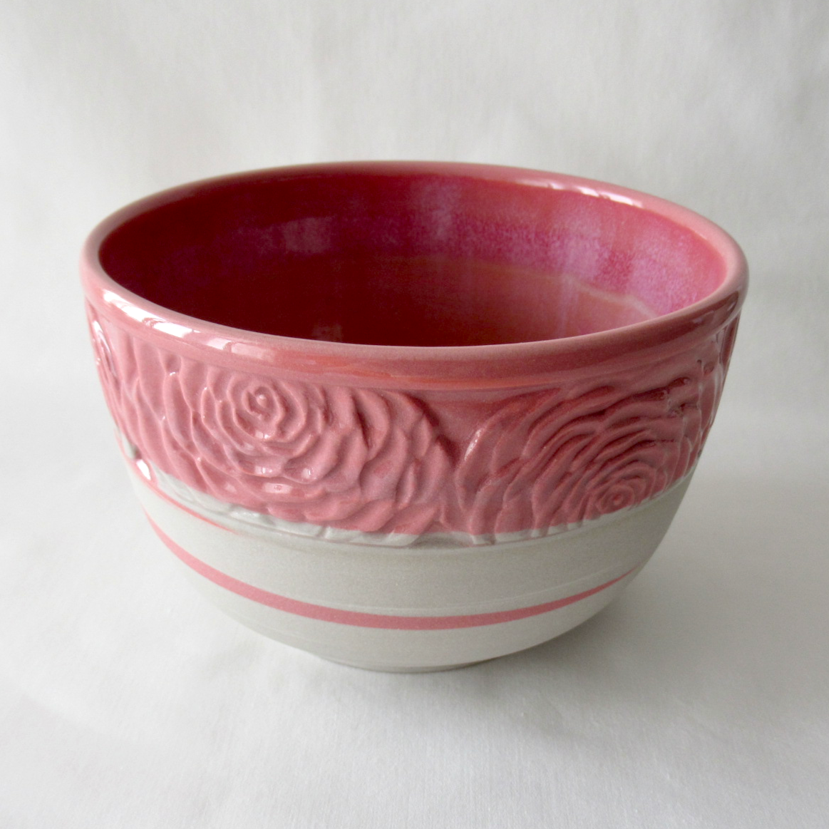 Handmade Camellia Bowl. Wheel-thrown, Hand Carved Neriage Technique. Ceramic Pottery.