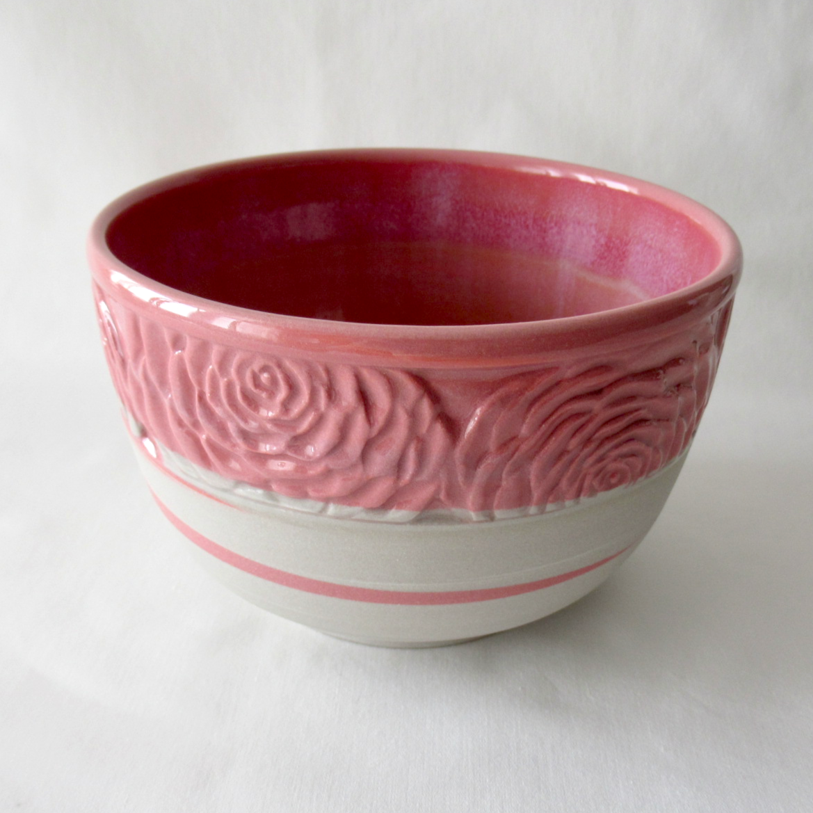 Handmade Camellia Bowl. Wheel-thrown, Hand Carved Neriage Technique. Ceramic Pottery.