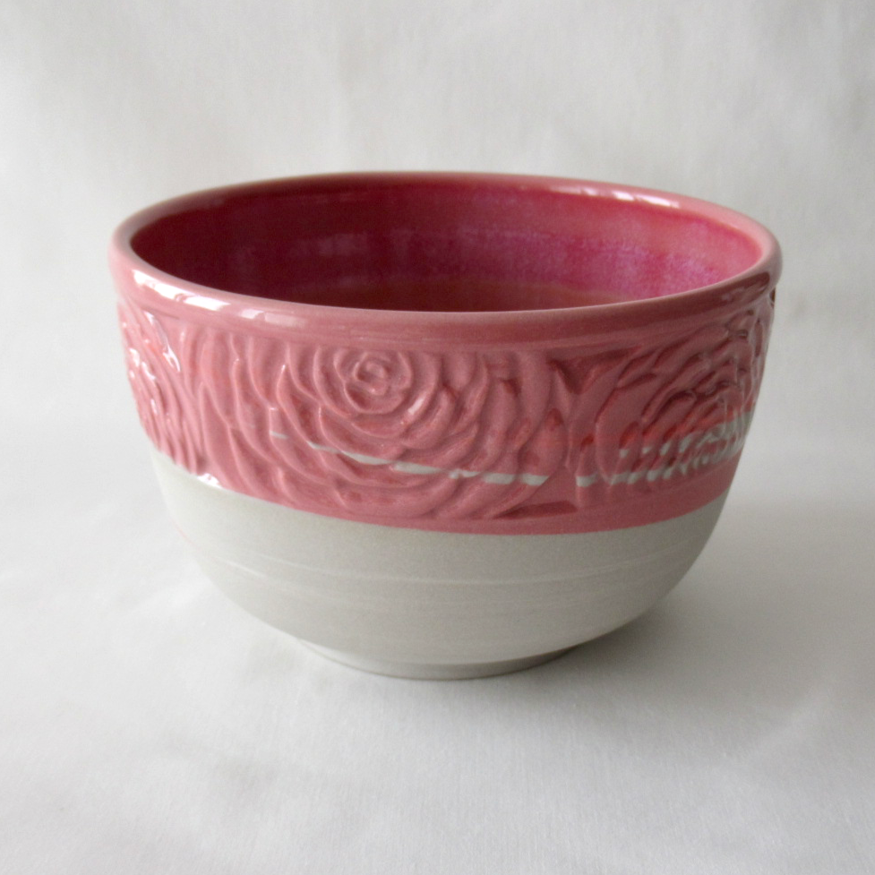 Handmade Camellia Bowl. Wheel-thrown, Hand Carved Neriage Technique. Ceramic Pottery.