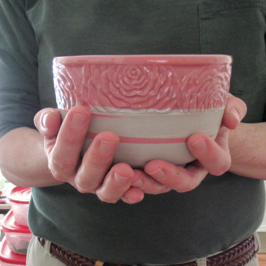 Handmade Camellia Bowl. Wheel-thrown, Hand Carved Neriage Technique. Ceramic Pottery.