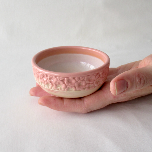 Hand-Carved Flowers on a Small Pink Neriage Wheel-thrown Bowl
