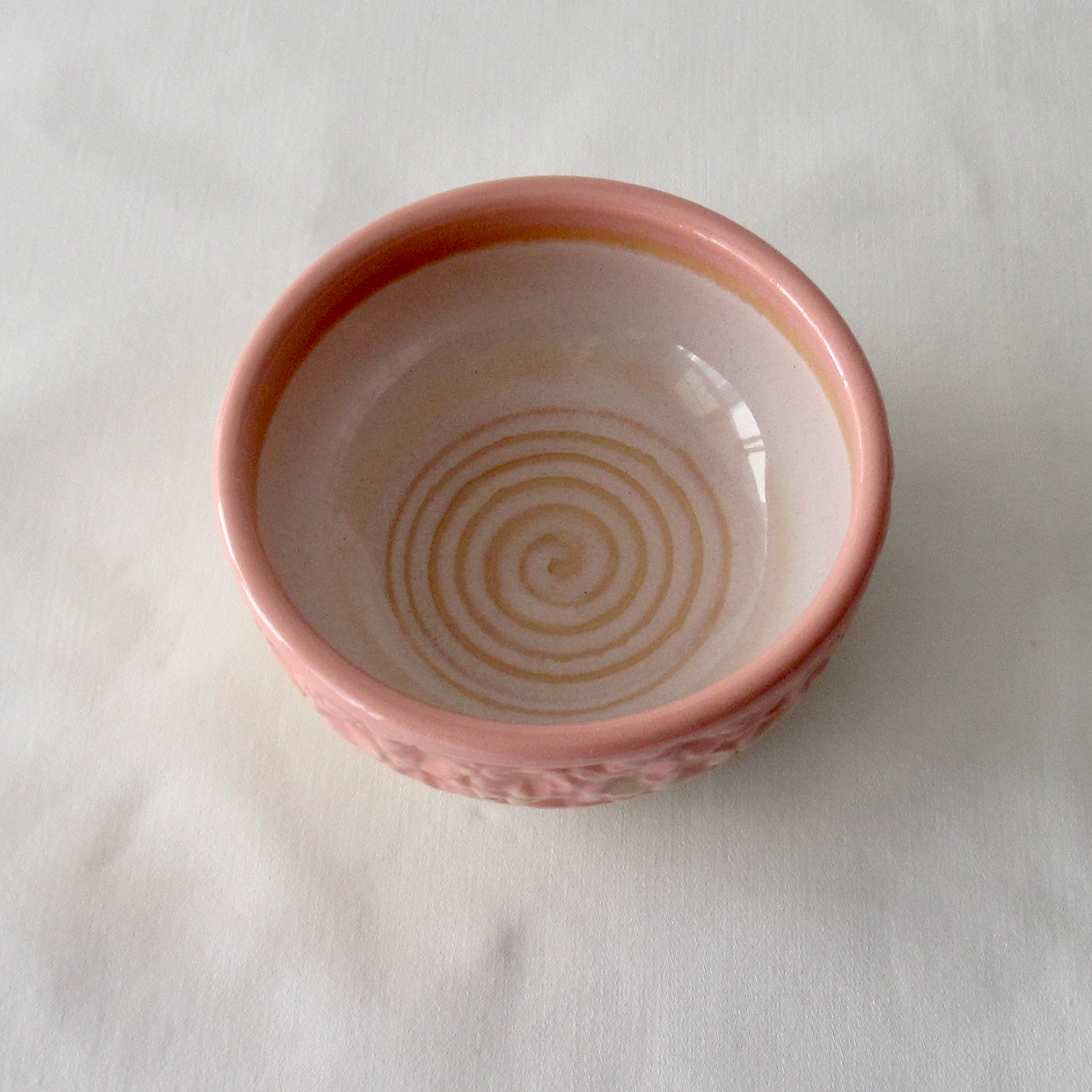 Hand-Carved Flowers on a Small Pink Neriage Wheel-thrown Bowl
