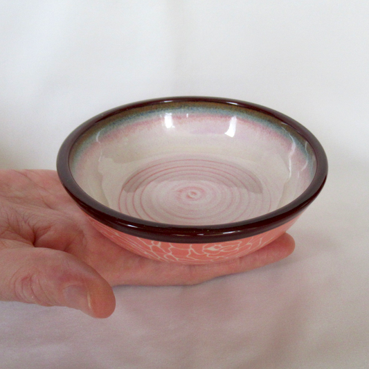 Wheel-thrown Ceramic Shallow Bowl with Colored Porcelain Mishima Roses Inlay Technique. Whisker Friendly.