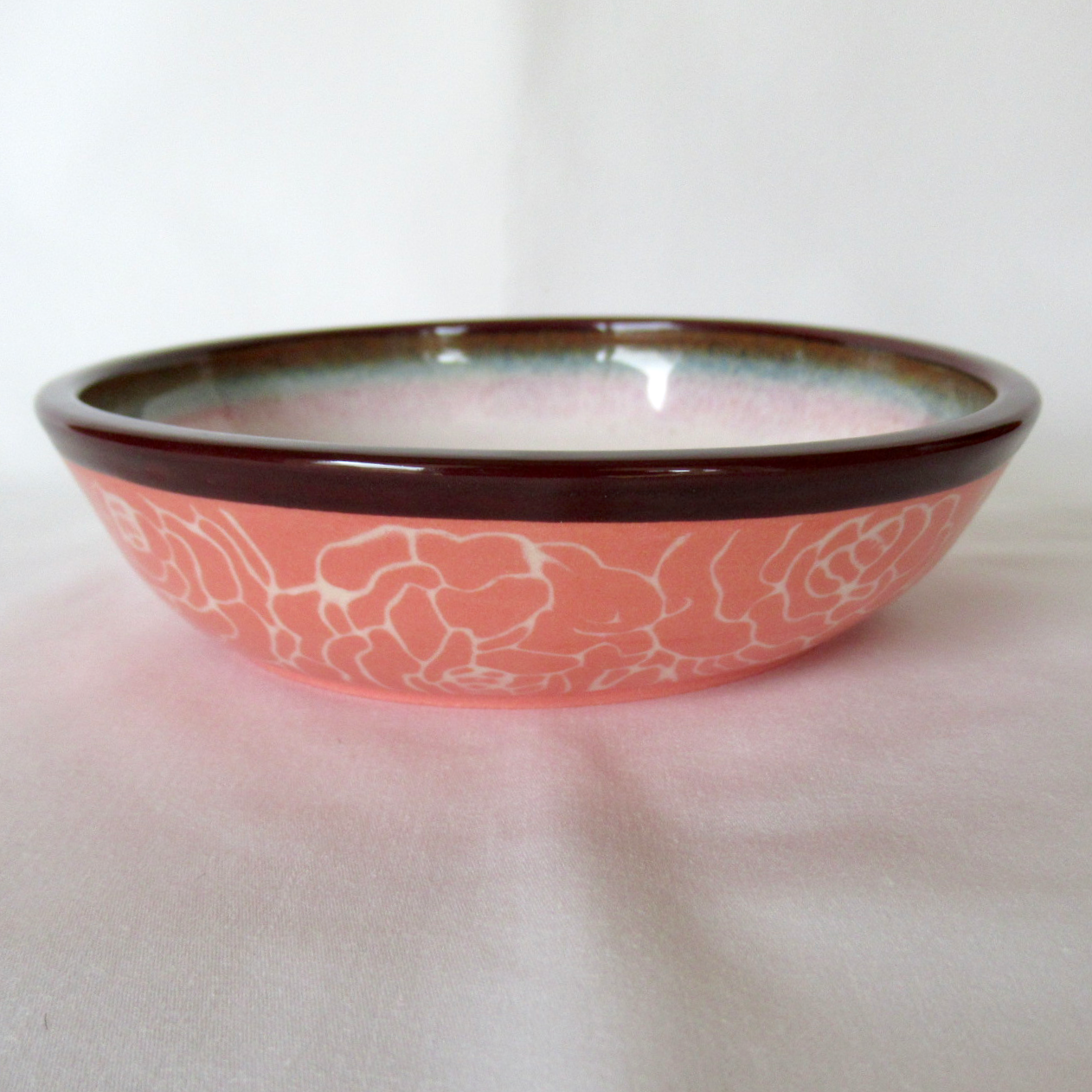Wheel-thrown Ceramic Cat Bowl with Colored Porcelain Mishima Roses Inlay Technique. Whisker Friendly.