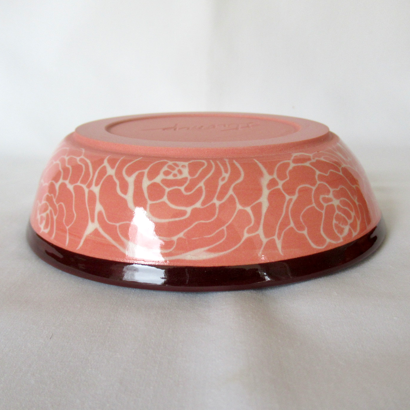 Wheel-thrown Ceramic Cat Bowl with Colored Porcelain Mishima Roses Inlay Technique. Whisker Friendly.