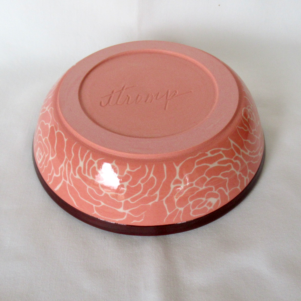 Wheel-thrown Ceramic Shallow Bowl with Colored Porcelain Mishima Roses Inlay Technique. Whisker Friendly.