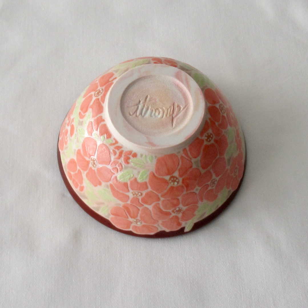 Hand-crafted Dipping Bowl. Wheel-thrown Quince Flowers Hand Painted with Underglazes.