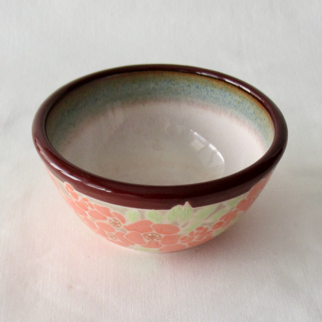 Hand-crafted Small Bowl. Wheel-thrown Quince Flowers Hand Painted with Underglazes.
