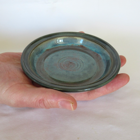 Wheel-thrown Colored Porcelain Ceramic Pottery Candle Plate with Dark Teal Glaze