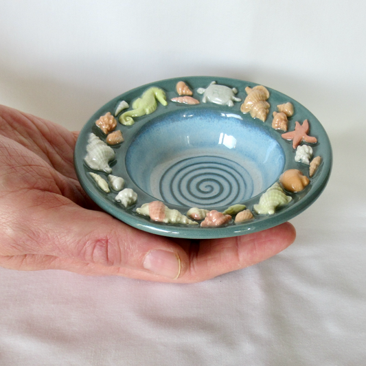 Handmade Dark Teal Colored Porcelain Seashell Trinket Bowl. Ceramic Pottery.