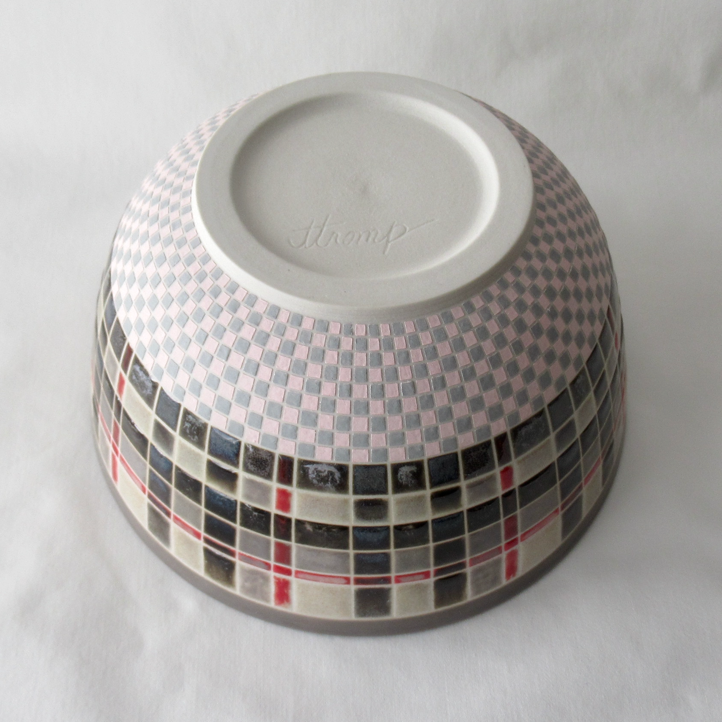 Wheel-thrown Black, Grey and Red Plaid Decorative Functional Bowl. Ceramic Pottery