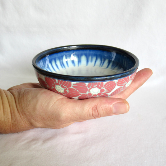 Handcrafted Shallow Bowl. Turquoise Blue Porcelain with Hand Drawn Hellebores.