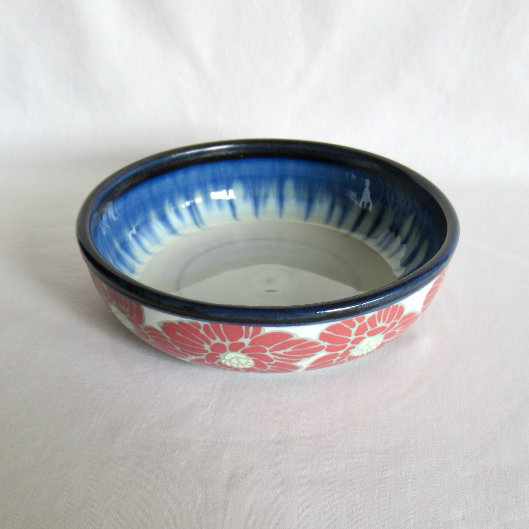 Handcrafted Shallow Bowl. Turquoise Blue Porcelain with Hand Drawn Hellebores.