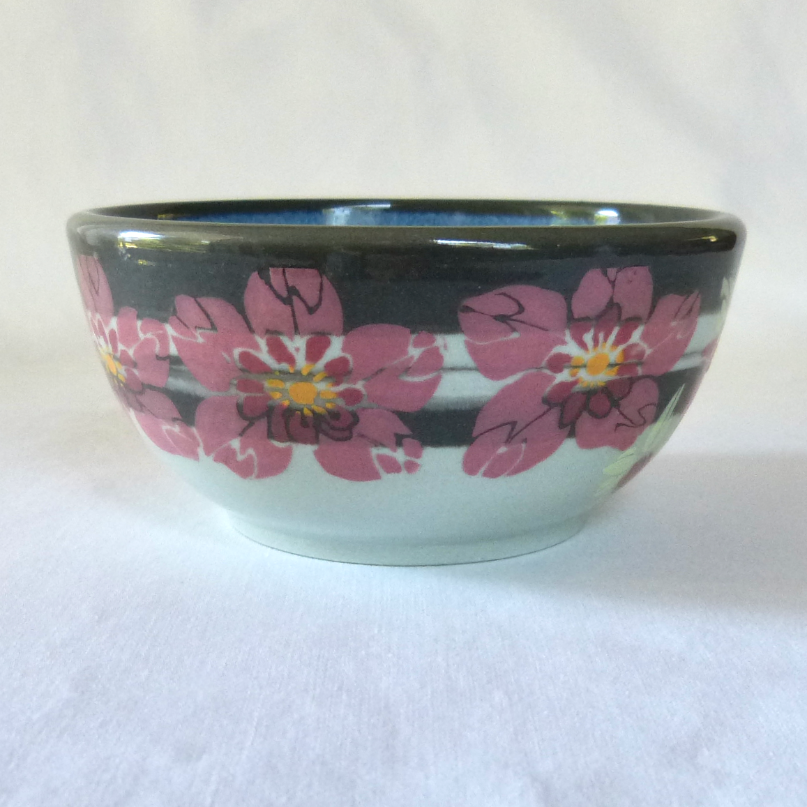 Light and Dark Gray Neriage Bowl with Pink Hand-Drawn and Glazed Hellebore Flowers