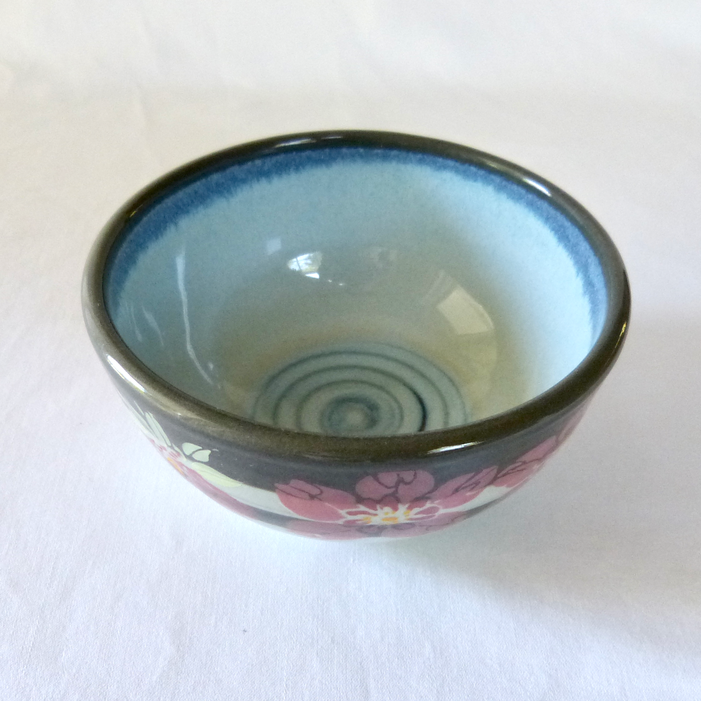 Light and Dark Gray Neriage Bowl with Pink Hand-Drawn and Glazed Hellebore Flowers