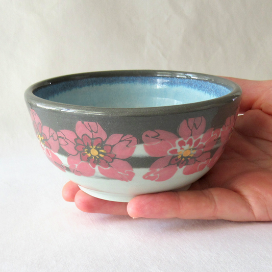 Light and Dark Gray Neriage Bowl with Pink Hand-Drawn and Glazed Hellebore Flowers
