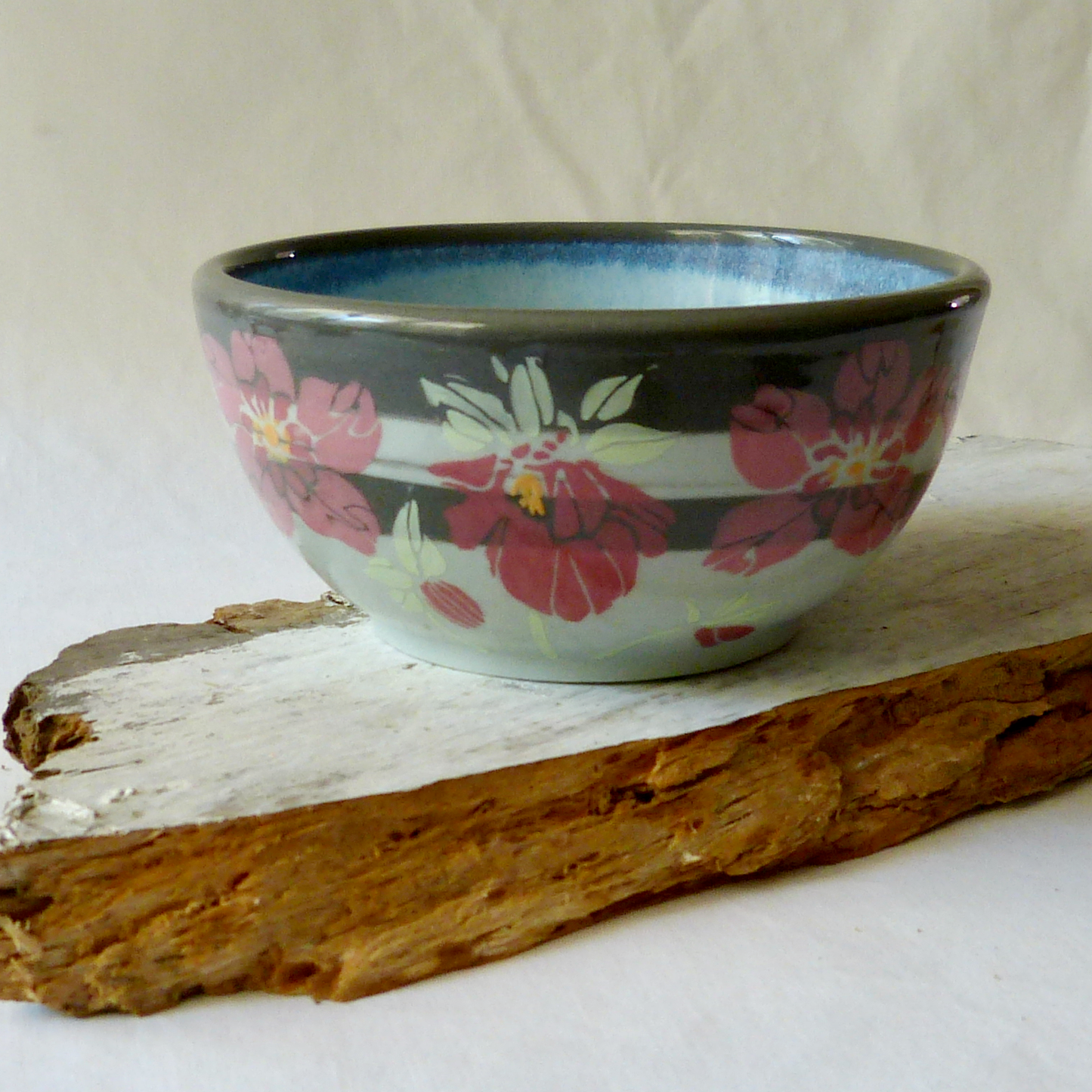 Light and Dark Gray Neriage Bowl with Pink Hand-Drawn and Glazed Hellebore Flowers