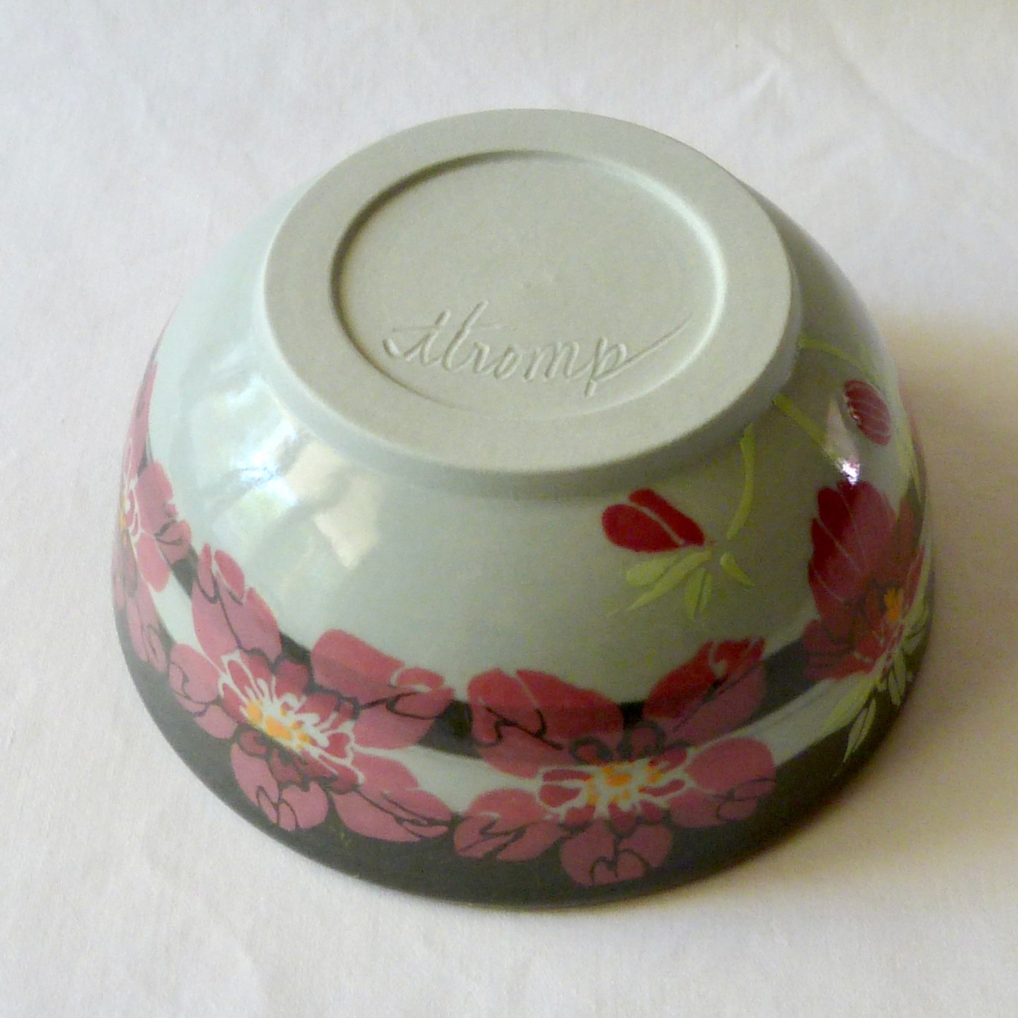 Light and Dark Gray Neriage Bowl with Pink Hand-Drawn and Glazed Hellebore Flowers