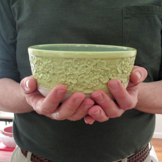 Handcrafted Lime Green Hydrangea Bowl. Wheel-thrown Neriage and Hand Carved Flowers. Ceramic Pottery.