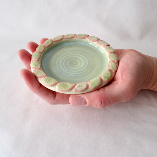 Handmade Colored Porcelain Candle Plate with Decorative Leaf Rim. Ceramic Pottery.