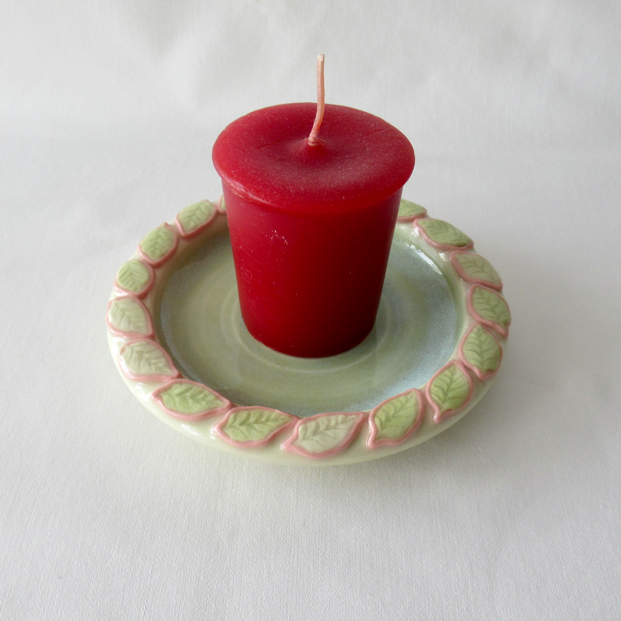 Handmade Colored Porcelain Candle Plate with Decorative Leaf Rim. Ceramic Pottery.