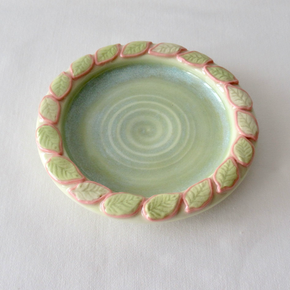 Handmade Colored Porcelain Candle Plate with Decorative Leaf Rim. Ceramic Pottery.