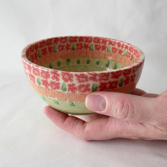 A Nerikomi Bowl. Small Red Flowers Colored Porcelain Technique. Ceramic Pottery.