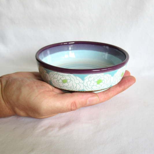 Handcrafted Shallow Bowl. Turquoise Blue Porcelain with Hand Drawn White Peonies