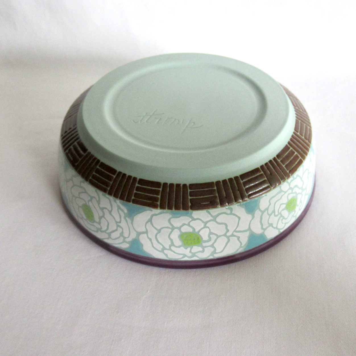 Handcrafted Shallow Bowl. Turquoise Blue Porcelain with Hand Drawn White Peonies