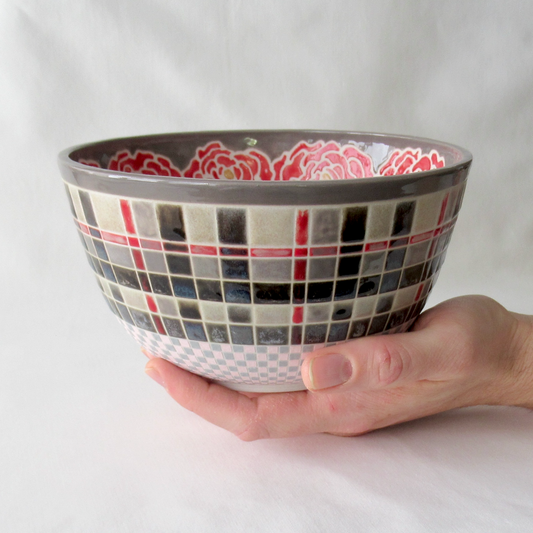Wheel-thrown Black, Grey and Red Plaid Decorative Functional Bowl. Ceramic Pottery