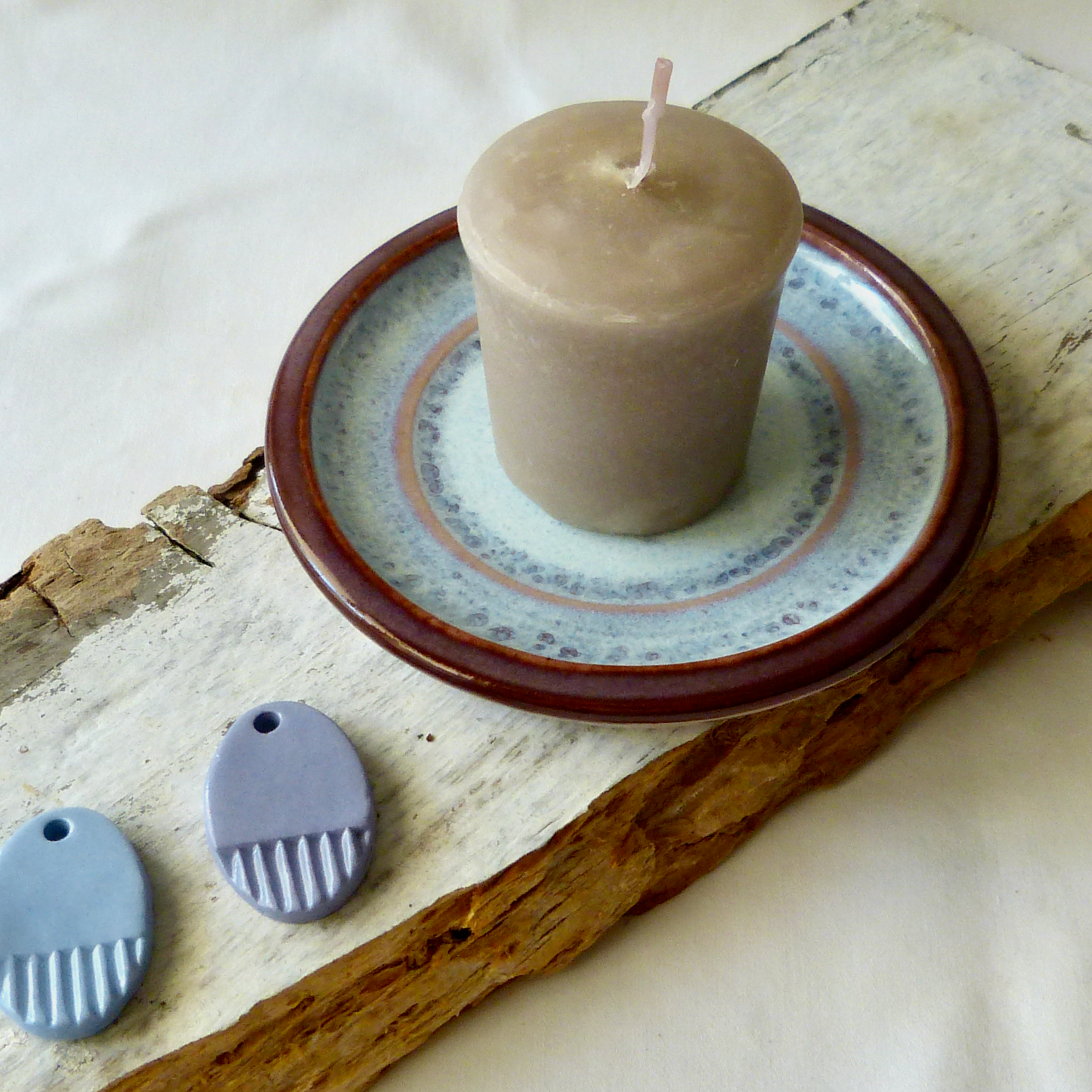 Wheel-thrown Small Handmade Candle Plate. Lilac Colored Ceramic Porcelain Pottery.