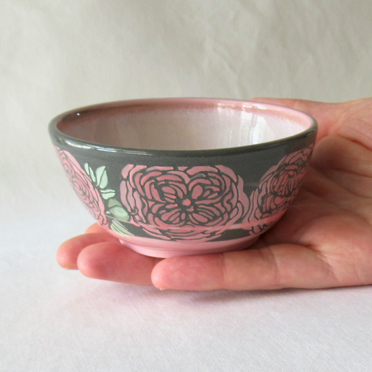 Pink and Gray Neriage Bowl with Pink Hand-Drawn and Glazed Quartered Roses.