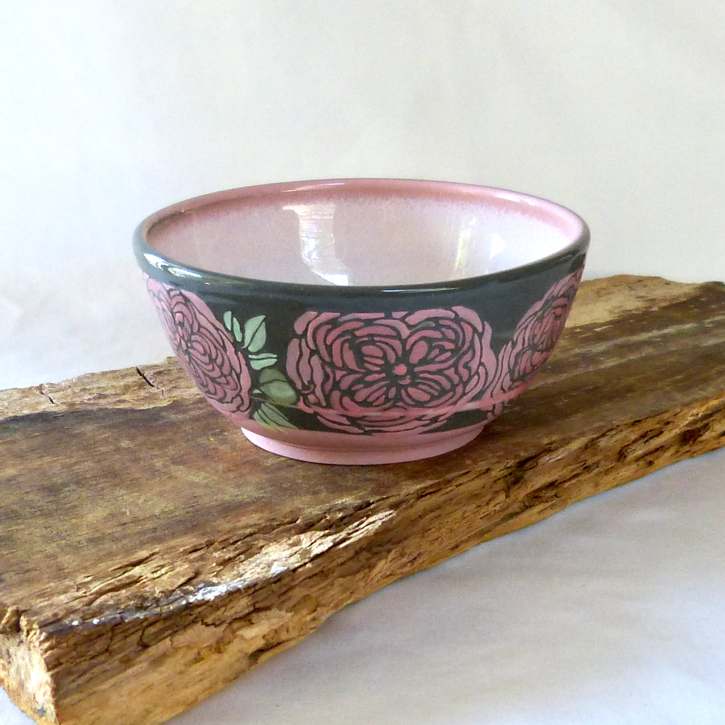 Pink and Gray Neriage Bowl with Pink Hand-Drawn and Glazed Quartered Roses.
