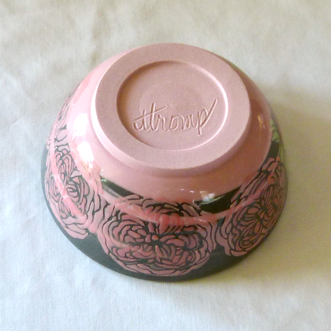 Pink and Gray Neriage Bowl with Pink Hand-Drawn and Glazed Quartered Roses.