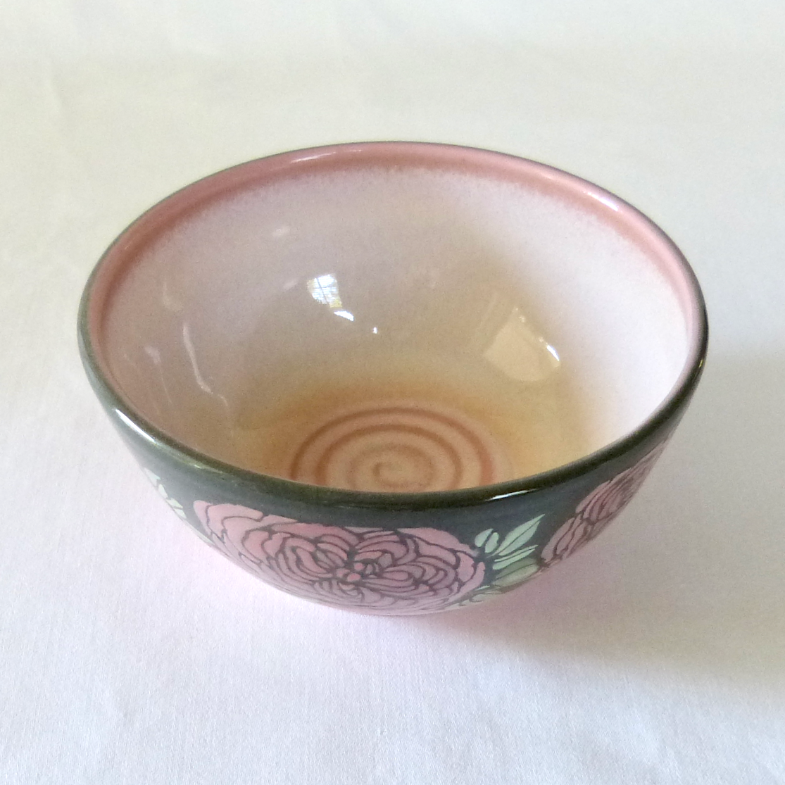 Pink and Gray Neriage Bowl with Pink Hand-Drawn and Glazed Quartered Roses.