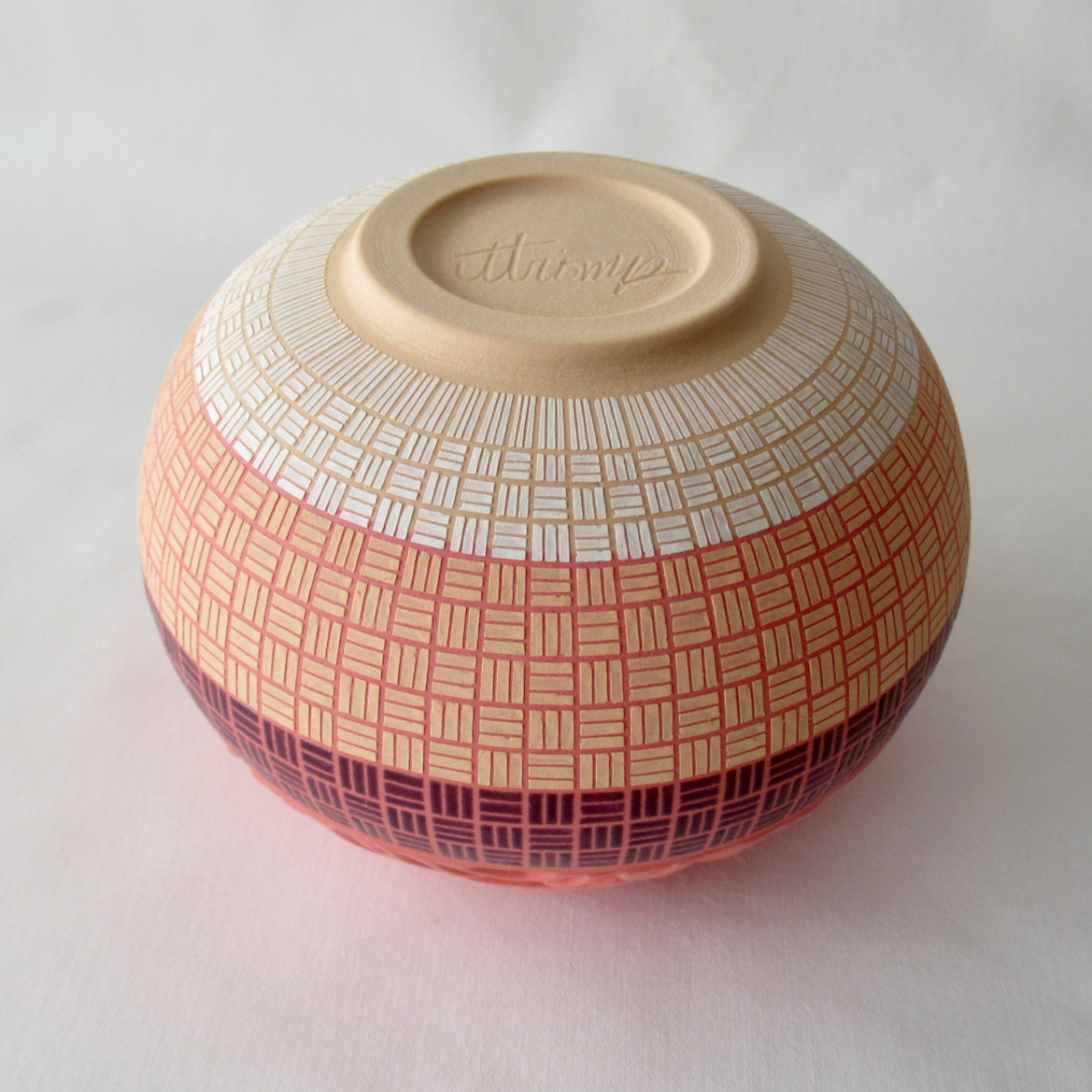 Hand Carved Ranunculus Bowl with Checkered Design. Wheel-thrown Ceramic Pottery.