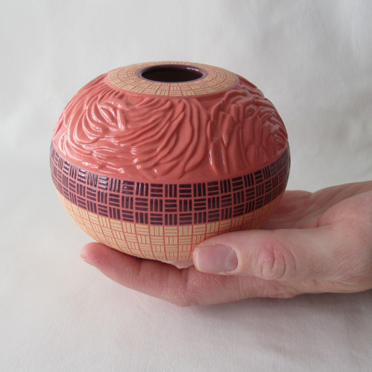 Hand Carved Ranunculus Bowl with Checkered Design. Wheel-thrown Ceramic Pottery.