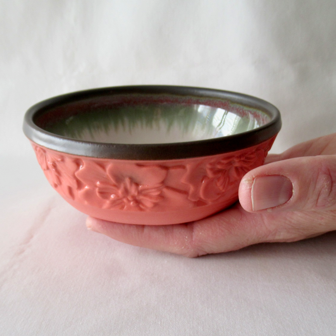 Hand Carved Shallow Bowl. Lobster Red Hollyhock Flowers. Ceramic Pottery.