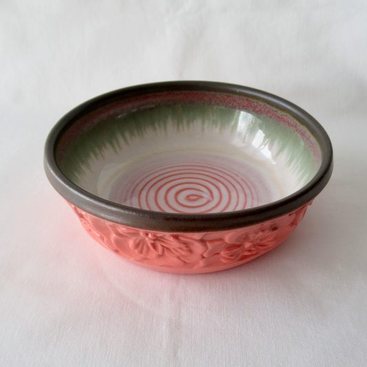Hand Carved Shallow Bowl. Lobster Red Hollyhock Flowers. Ceramic Pottery.