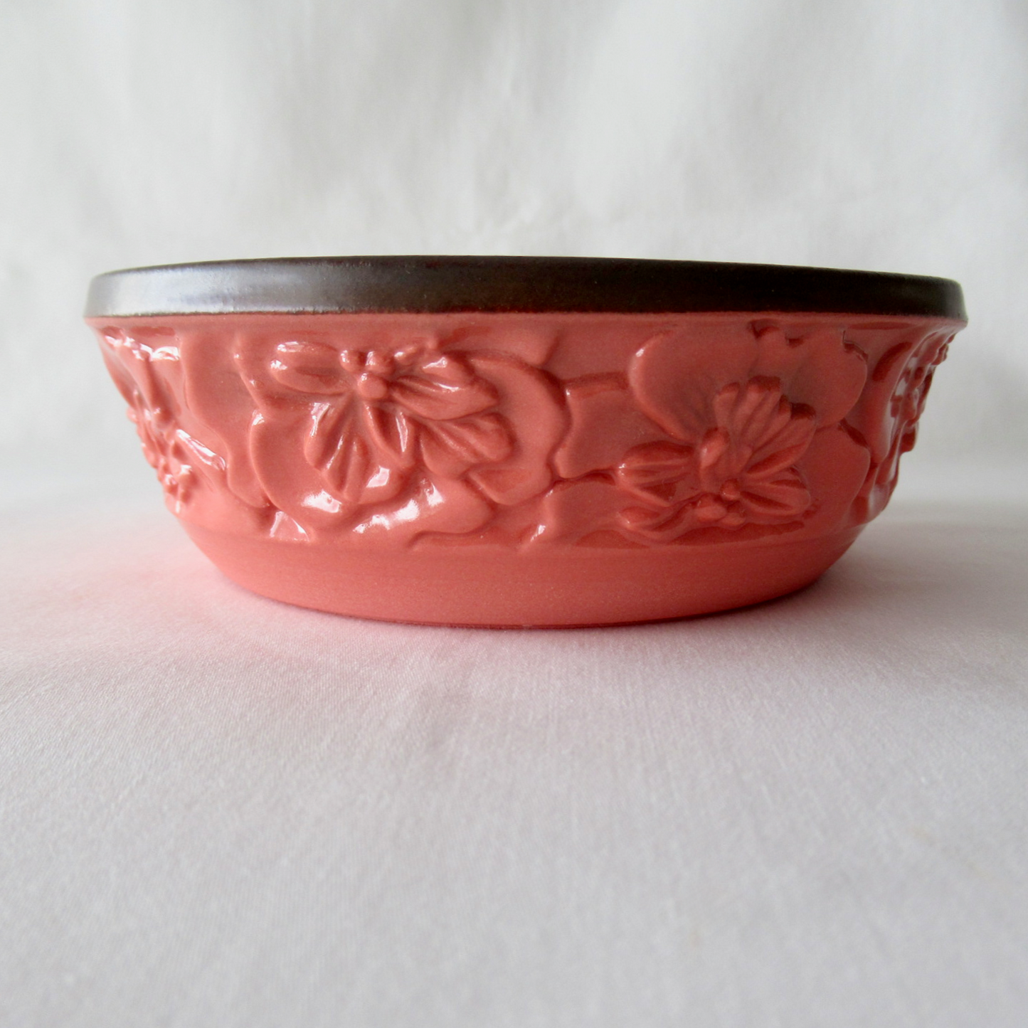 Hand Carved Shallow Bowl. Lobster Red Hollyhock Flowers. Ceramic Pottery.