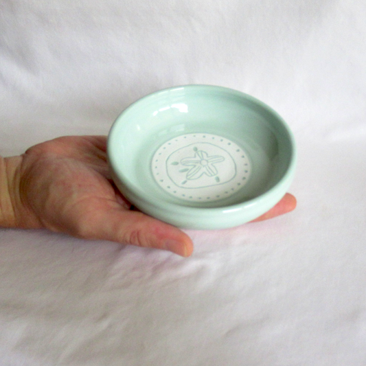 Dennis's Turquoise Blue Porcelain Wheel- thrown, Sand Dollar Sgraffito Shallow Bowl.