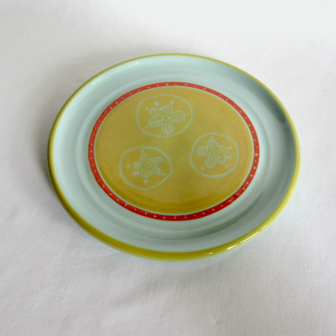 Dennis's Blue Porcelain Wheel- thrown, Sand Dollar Sgraffito Plate.
